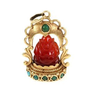 Vintage 18k YGold Jade Carnelian Buddah Pendant